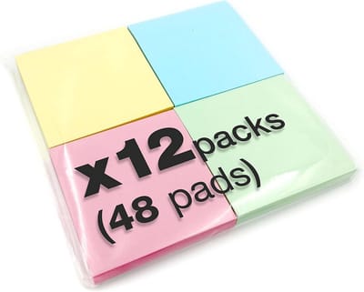 Verwijderbare Kleverige Notities - 12 x 400 Kwaliteit Pastel Kleuren 76x76mm - 48 Pads van 100 Vellen