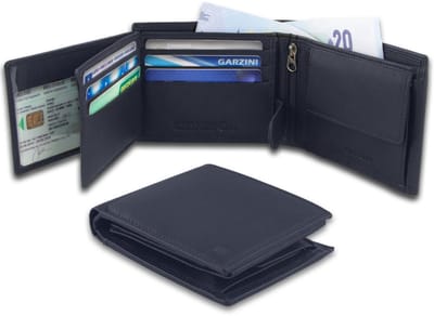 Garzini heren portemonnee leder, portefeuille RFID, tijdloos billfold model muntvak, briefgeldvak, 15 pasjes, Blauw