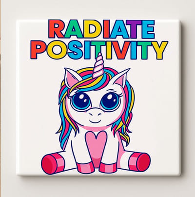 Schattige Eenhoorn Tegel met "Radiate Positivity" Citaat – 15x15cm Kleurrijke Inspirerende Keramische Muurdecoratie