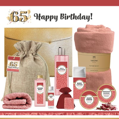 Geschenkset “65 Jaar Happy Birthday!” - 10 producten - 1410 gram | Cadeau Verjaardag - Luxe wellness cadeaubox - Giftset Speciaal voor Haar Geschenkset Gefeliciteerd - Cadeaupakket Vrouw - Gift Set Party - Verjaardagscadeau - Feestje Goud Roze Rood