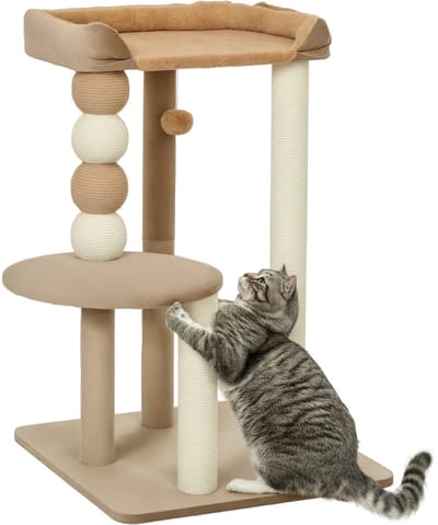 PawHut Kratzbaum 86 cm Katzenbaum mit Sprungplattform, Bett, Spielball, Katzenkratzbaum mit Jute-Kratzsäulen, für Katzen bis 7 kg, Kaffee