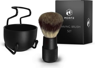 MONTE - Scheerkwast set - Scheerkwast, kom & houder - Shaving Brush Set - Vegan - Zachte haren - Zwart - Black - Vaderdag cadeau