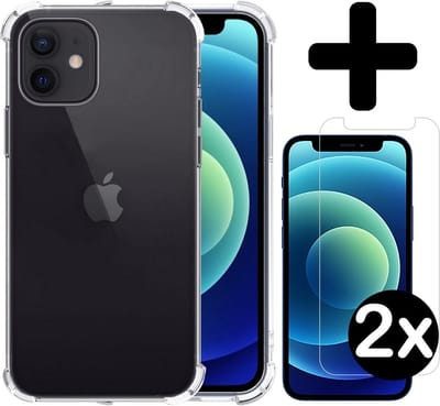 Hoesje - Met Screenprotector - 2 Stuks - Geschikt voor Apple iPhone 12 Mini - Sterk & Shockproof - Siliconen Case - Back Cover - Telefoon Hoes - Shock Proof - Telefoonhoesjes - Transparant