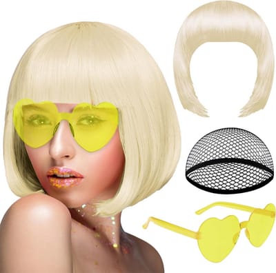 Blonde Bob peruk met zonnebril, kleurrijke cosplay outfit, kort kapsel voor vrijgezellenfeest en Halloween decoraties