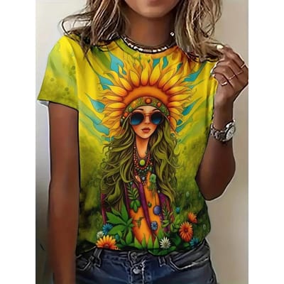 T-shirt d'été pour femme à imprimé 3D de tournesol, streetwear, mode décontractée Y2k, t-shirt à manches courtes, col rond, hauts 6XL yellow