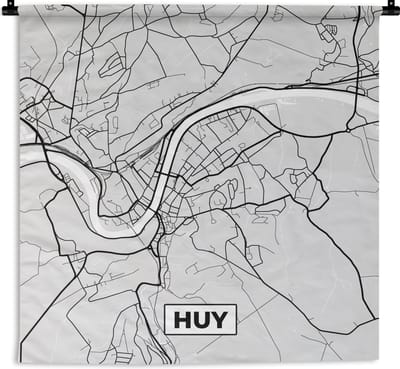 Wandkleed - Wanddoek - Stadskaart – Plattegrond – België – Zwart Wit – Huy – Kaart - 180x180 cm - Wandtapijt