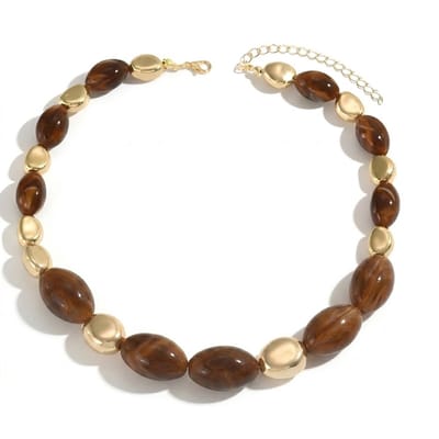 Bruin goudkleurig kralen ketting dames statement ketting met ovale hars kralen geometrische vintage hals ketting verstelbare sluiting