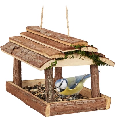 voedertafel hangend - met schors en mos - 19 x 21 x 23 cm - kleine tuinvogels