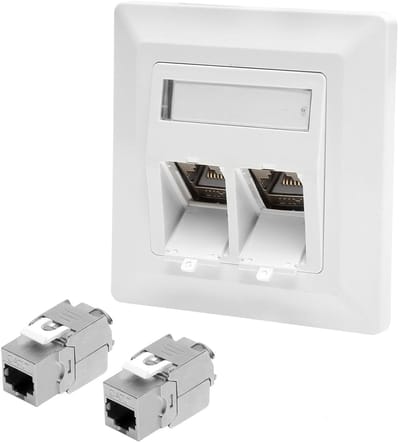 1 x 2-Port Flush Mount Cat 7 Netwerk Socket met 2 x CAT 7 Keystone RJ45 Aansluitmodule, LAN Recessed Connector, 10 Gbit/s Snelheid, Wit, Ideaal voor Thuisnetwerk en Kantoorgebruik