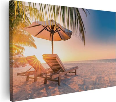 Artaza Canvas Schilderij Zonsondergang Strand - 30x20 cm - Klein - Wanddecoratie Zee - Muurdecoratie Ligstoelen - Kamer Accessoires Woonkamer
