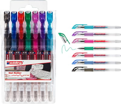 edding 2185 gelroller set met 7 kleuren - zwart, rood, blauw, groen, paars, roze en lichtblauw - gelpen met 0,7 mm brede punt- speciale gelinkt op waterbasis, direct klaar om mee te schrijven
