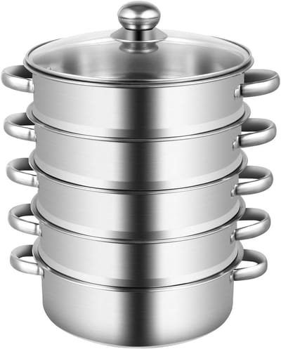 Stoompan Set - Kookpan Met Deksel - Gezond Koken - Stapelbaar Met 4 Lagen - 26cm Diameter - Zilverkleurig