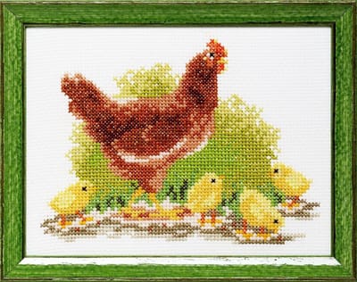 Pako Borduurpakket met telpatroon - Kip met kuikens - 210.897 - voorgesorteerd garen - Aida ivoor - 13 x 17 cm - DIY kit