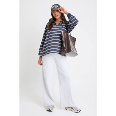 boohoo Dames Zwangerschaps gestreepte zware katoenen rugbytop met knoopdetail en kraag | Marineblauw | Maat: 36