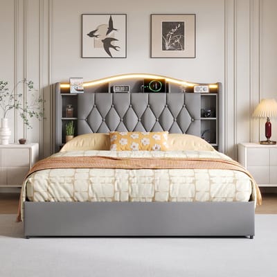 Opbergbed 140x200 cm Grijs Fluweel – Gasveer, LED Hoofdbord met USB & Opbergruimte, Verstelbaar Hoofdbord