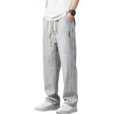 Heren zomerjeans elastische taille verstelbare trekkoord denim broek met zakken effen kleur rechte wijde pijpen casual broek L lichtgrijze kleur