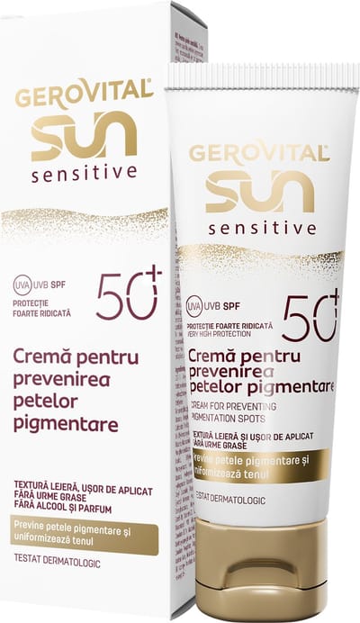 Gerovital Sun SPF50+ Gezichtscrème Tegen Pigmentvlekken 50 ml - Hoge UVA/UVB Bescherming - zonnebrand - Voor Gevoelige Huid - Met Niacinamide & Vitamine E - Anti-Aging Zonnebrand