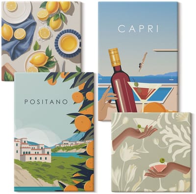 Wallfluent Set van canvas schilderijen - Vakantiegezichten Italiaanse citroenen Positano en Capri Canvas Schilderijen Set - Set van 4 Canvas Schilderijen - Blauw Set van Canvas Prints - Andere categorie Canvas Kunst Set - Boheemse Canvas Kunst Set