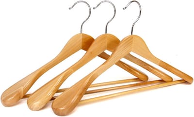 Famanu - Set van 5 houten kledinghangers met broeklat en brede schouders – Natuur