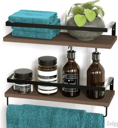 Gadgy Zwevende Wandplank 2 Stuks - Wandrek Industrieel met Handdoekhouder - Hout & Metaal - 41CM Breed - Bruin / Zwart