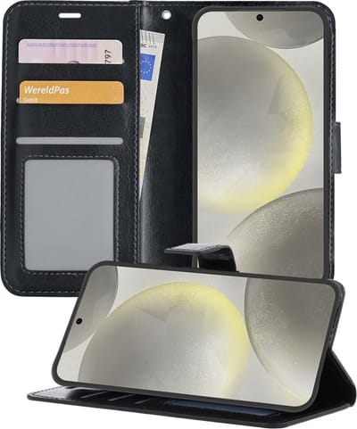 Hoesje - Met Pasjeshouder - Geschikt voor Samsung Galaxy S24 - Luxe Bookcase Portemonee - Flip Case - Kunstleer Book Case - Flipcase - Book Cover - Walletcase - Portemonneehoes - Telefoonhoesjes - Zwart