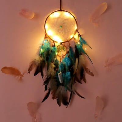 Blue Series Dream Catcher Levensboom Dromenvanger Wandgemonteerde Geweven Dromenvanger LED Veer Dromenvanger Slaapkamer Thuis Wanddecoratie With light black