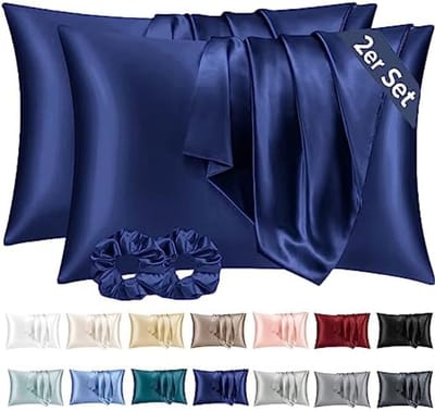 PromoHome Satijnen Kussensloop Set van 2 - 50x70 cm - DonkerBlauw- Zijdezacht Microvezel - Envelopsluiting - Geschikt voor Gevoelige Huid - Inclusief 2 Satijnen Haarelastieken