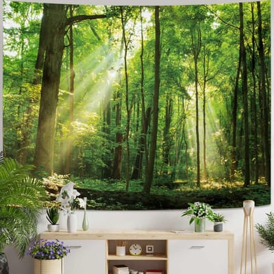 Wandtapijt Bos Natuur Wandbehang Groen, Wanddoek Boom Zonsopgang Tapisserie Jungle Landschap Wandtapijten Wandtapijt 150 x 130 cm