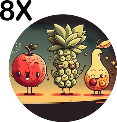 Luxe Ronde Placemat - Getekend Vrolijk Fruit - Set van 8 Placemats - 50x50 cm - 2 mm dik Vinyl - Anti Slip - Afneembaar