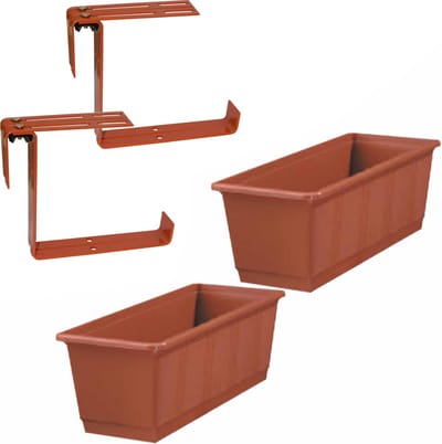 Set van 2 kunststof plantenbakken terracotta rechthoekig 40 cm met 4 verstelbare railing balkonbeugels