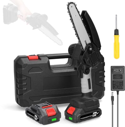 21V Mini Kettingzaag – 6 Inch Draadloos Snoeizaag – Inclusief 2 Accu’s & Lader – Veiligheidsslot – Voor Hout, Takken & Tuinonderhoud – Compact & Lichtgewicht –Grijs