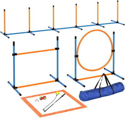 PawHut Agility Set Hunde 7-teilig Agility-Ausrüstung für Hundetraining Steckhürdenset mit Slalomstangen Sprunghoop 2 Bälle höhenverstellbar Hürden Koordinationstraining für Spiele Training