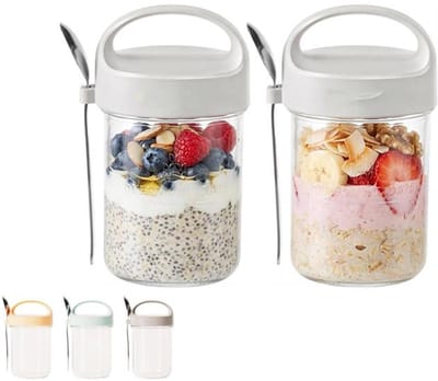KZQ Overnight Oatmeal Pot - Tweedelige glazen pot met deksel en lepel, luchtdicht en herbruikbaar - Perfect voor het maken van havermout, yoghurt, gemengde granen en salades - Ideaal voor ontbijt, lunch, op reis, school en werk - Grijs