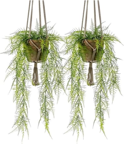 Bellatio flowers & plants kunst hangplant Varen - 2x - in oude terracotta pot - 80 cm - hangende kunstplant