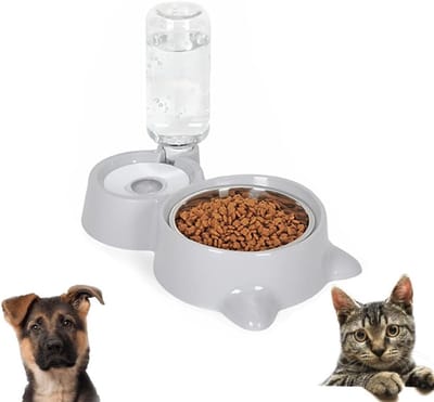 Automatische voer- en waterdispenser voor honden en katten, 500 ml drinkfles, ideaal voor kleine en middelgrote huisdieren, grijs