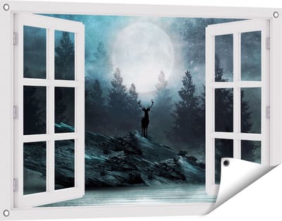 Gards Tuinposter Doorkijk Hert op een Rots tijdens Volle Maan - 90x60 cm - Tuindoek - Tuindecoratie - Wanddecoratie buiten - Tuinschilderij