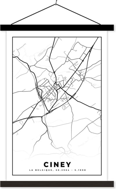 Posterhanger incl. Poster 40x60 cm - Schoolplaat - Stadskaart – Plattegrond – België – Zwart Wit – Ciney – Kaart - Textielposter - Zwarte latten - Stadskaart