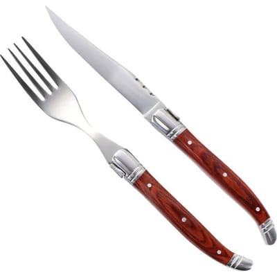 Roestvrijstalen Steakmes Vork Laguiole Bestek Rood Hout Tafelgerei Steakmessen Massief Houten Handvat Vorken Bestekset 2-6 stuks gray