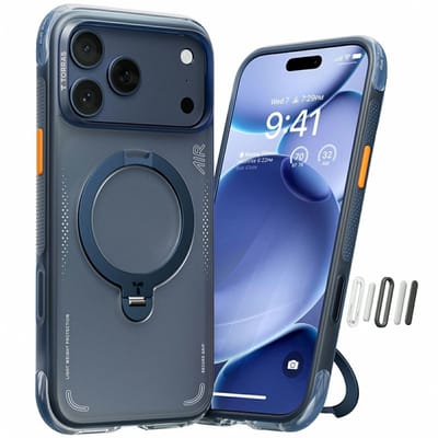 TORRAS Hoesje Geschikt voor Apple iPhone 17 Pro Max - Ostand Q3 Air Spin - Compatibel met MagSafe / Qi2 - Back Cover met Magneet - 360° Draaibare Ring Standaard - Blauw