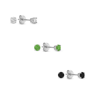 New Bling 9SIL-SET0027 Zilveren Zirkonia Oorknoppen Set 3mm Wit Groen Zwart Earparty - Rhodium - Zilver