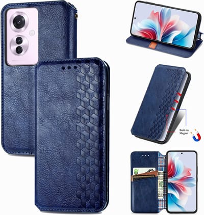 Luxe PU Lederen Ruitpatroon Wallet Case + Glas Screenprotector voor OPPO Reno11 F 5G _ Blauw