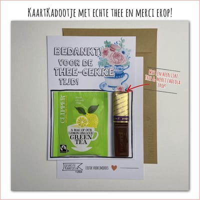 Kaartkadootje -> Thee & Merci – No:02 (Thee gekke tijd-Clipper Groen-Kopjes blauw met bloemen) - LeuksteKaartjes.nl by xMar