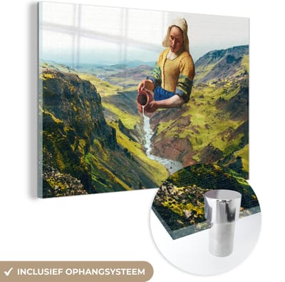 MuchoWow® Glasschilderij 120x80 cm - Schilderij acrylglas - Melkmeisje - Water - Vermeer - Foto op glas - Schilderijen