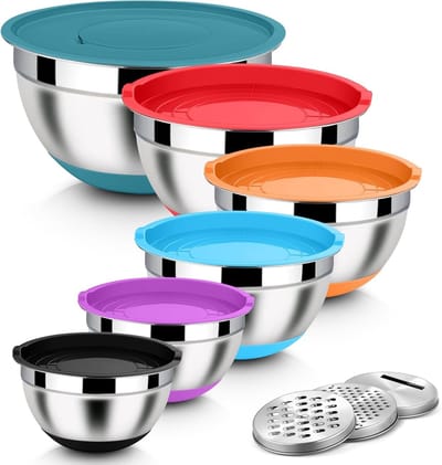 Set van 6 RVS Mengkommen met Raspaccessoires, Luchtdichte Deksel en Siliconen Basis, Perfect voor Salades, Groenten en Deegbereiding, Stapelbaar en Ideaal voor Keukenopslag