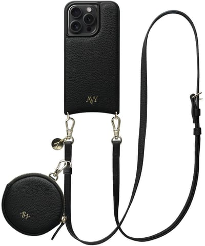 AVY Leren Hoesje geschikt voor Apple iPhone 14 Pro | Met Koord en Mini Telefoontasje | Compatibel met MagSafe | Leather Case met 130CM Koord & Pouch | Long Leather | Zwart