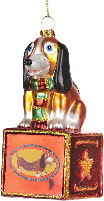 Viv! Christmas Kerstornament - Speelgoedhond - glas - bruin rood groen - 14cm