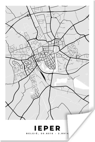 Poster Plattegrond – Ieper – Zwart Wit – Stadskaart - Kaart - 120x180 cm XXL