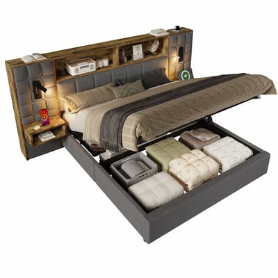 MODFU Opbergbed - Leeslampen En USB-C - Vintage Ontwerp - Met Linnen Bekleding - Grijs - 180 X 200 Cm