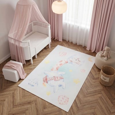 Tapiso Kids Kindervloerkleed Giraf Astronaut Ruimte – Zacht Babykamertapijt Sterren Roze Aquarel – Antislip Wasbaar 80x150