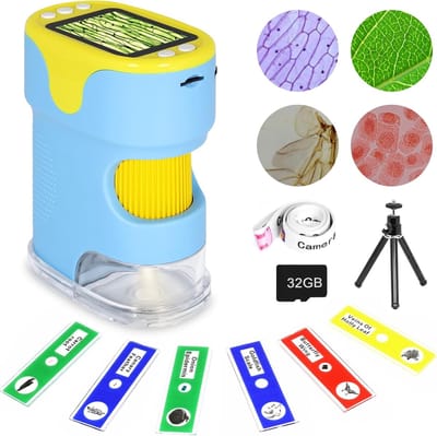 Microscoop - Microscoop voor kinderen - microscoopset - 1000x handmicroscoop voor kinderen, 2,0 inch scherm, mini-zakmicroscoop met draagbare diaset, educatief cadeau voor Kerstcadeau van 4-6 jaar, 8-12 jaar, kinderen en studenten （Blauw）